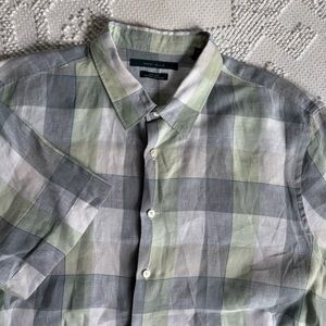 Perry Ellis mens size XXL 100% linen plaid short‎ sleeve button up shirt